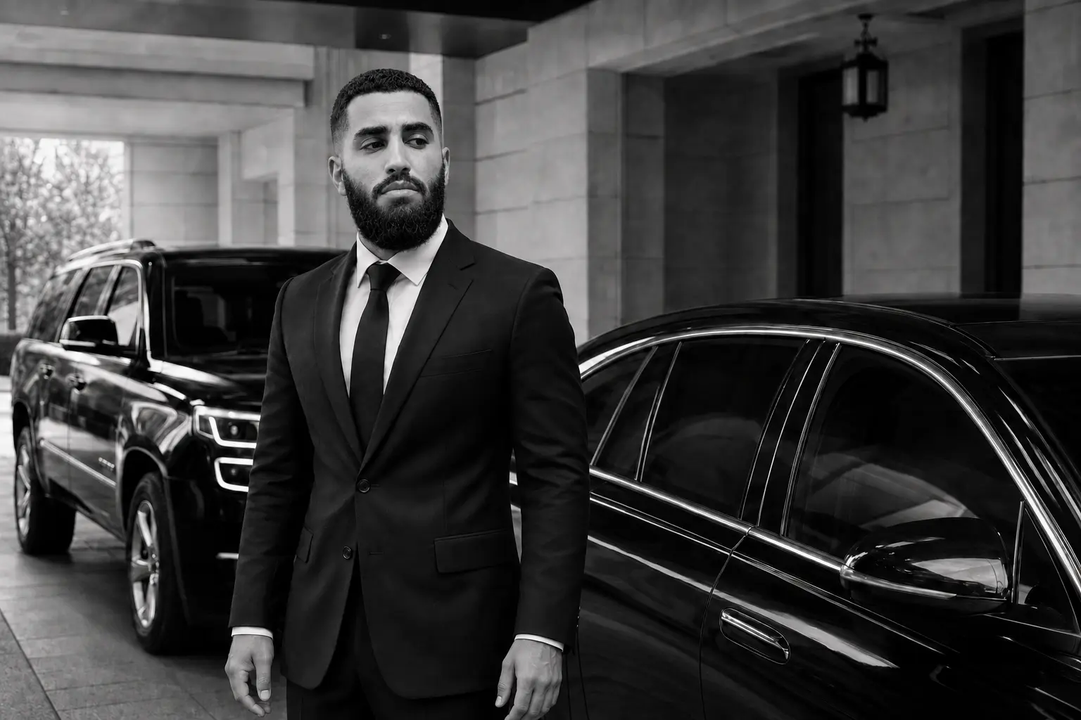Fahad Hamid in a tailored black suit standing between a black sedan and SUV